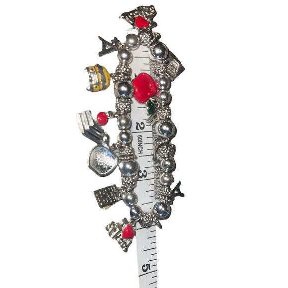 Silvertone Red Apple Yellow Bus Enamel School Teacher Charm Stretch Bracelet - Picture 2 of 3